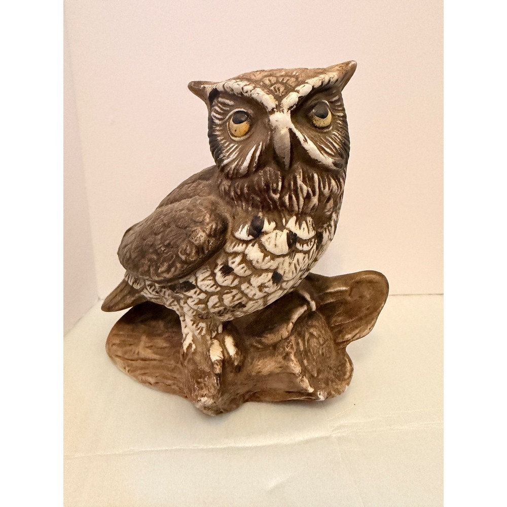 VTG Homco Ceramic Owl Rustic  Tree Limb Statue 1114‎ Brown White Wildlife Cabin